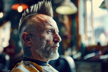 A man with a mohawk hairstyle sitting in a barber shop. Suitable for barbershop or hairstyling concepts