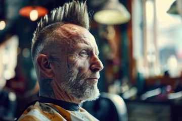 Fotobehang A man with a mohawk hairstyle sitting in a barber shop. Suitable for barbershop or hairstyling concepts © Fotograf