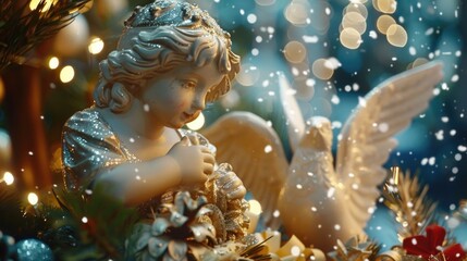 Fototapeta premium A serene angel statue holding a basket of colorful flowers. Perfect for memorial or religious designs