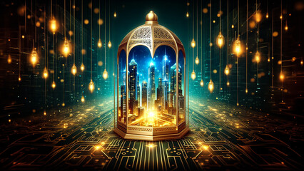 Futuristic Eid Al-Fitr: Cityscape Captured Within a Lantern, Aglow with Green and Blue Bokeh Lights