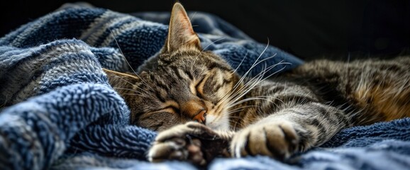 Contented purrs as the cat nestles into a beach towel for an afternoon nap, professional photography and light , Summer Background - obrazy, fototapety, plakaty