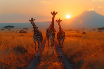 Three giraffes are peacefully grazing in a field under the colorful sunset sky