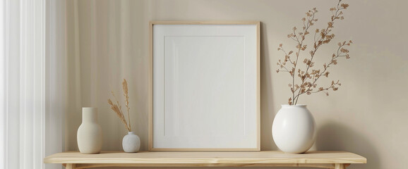 Fototapeta na wymiar A sleek, minimalist living room showcases a white empty framed artwork against a backdrop of modernity, complemented by a wooden table adorned with a pristine white ceramic vase
