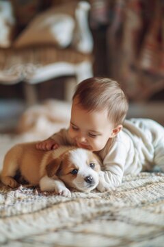 Sweet image of a baby and a puppy laying on the floor, perfect for family and pet-related projects