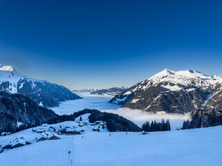 Winter landscape at Garfrescha in the ski region Silvretta Montafon in Vorarlberg, Austria.