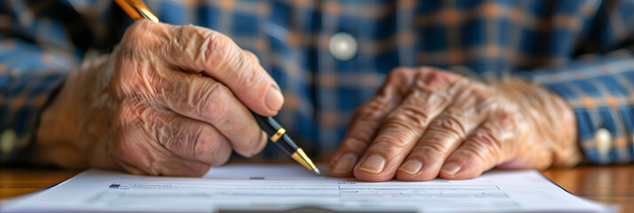 Photo of a senior reviewing a pension transfer form with a close up on the document and his pen highlighting the process of managing pension assets - obrazy, fototapety, plakaty