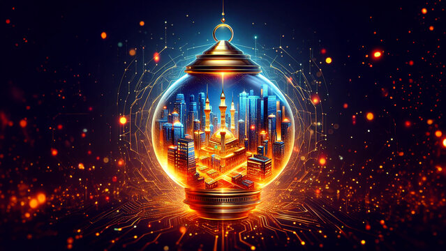 Eid Al-Fitr Imagined: Futuristic Cityscape Encased in a Golden Lantern Amidst Red and Blue Bokeh