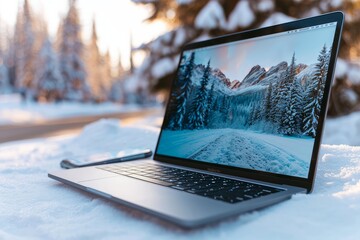 Isolated laptop and modern smartphone with winter landscape wallpapers on screen
