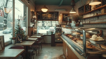 A view of a bakery counter filled with various food items. Great for food and beverage industry promotions