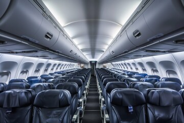 Inside view of an empty commercial airplane cabin with rows of blue leather seats and overhead...