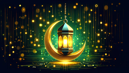 Fototapeta na wymiar Futuristic Festival of Light: Eid Al-Fitr Celebrated with Golden Lantern on a Moon and Green-Yellow Bokeh