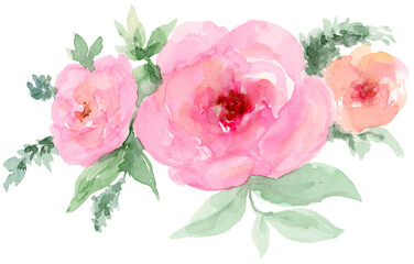 Pink rose florals watercolor arrangement border clip art, vintage style hand painted 