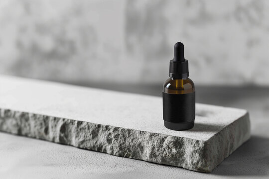 a high quality product shot of a bottle of essential oil with a dropper and a matte black label