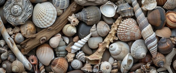 Curious exploration of a beachcomber's collection, sniffing at shells and driftwood, professional photography and light , Summer Background - obrazy, fototapety, plakaty