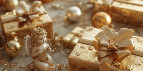 Fototapeta premium A luxurious gold gift box with a delicate angel figurine, perfect for special occasions