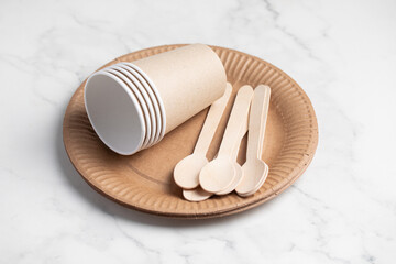 Eco friendly paper utensils. Zero waste concept. Plastic free concept. Paper dishes. Paper glass.