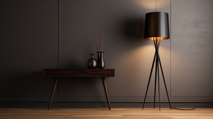 A sleek, modern lamp casting a warm, inviting light in an otherwise dark and empty room with clean lines. - obrazy, fototapety, plakaty