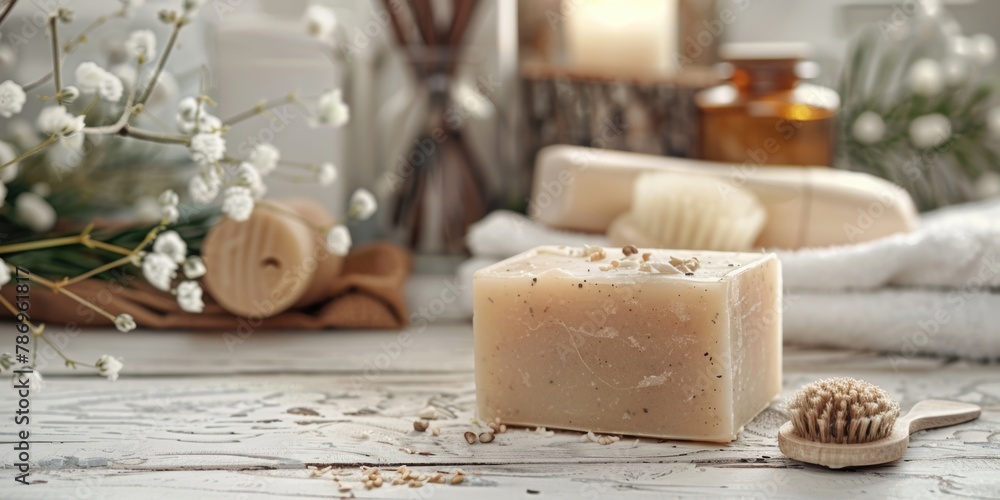 Poster a simple soap bar placed on a rustic wooden table. suitable for hygiene or household concepts