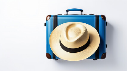 Blue suitcase with hats on the white background