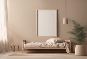 Frame mockup in cozy beige Japandi bedroom interior 3d render