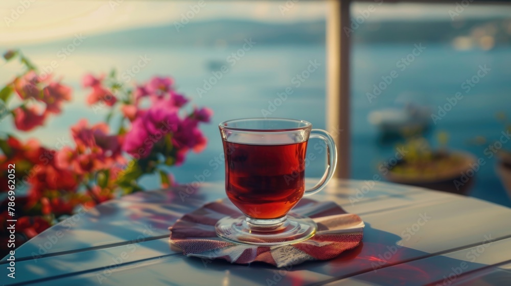 Poster a simple cup of tea on a table, suitable for various themes