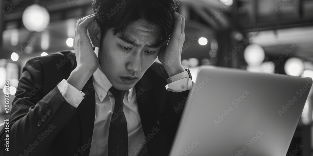 Poster a man in a suit sitting in front of a laptop. suitable for business and technology concepts