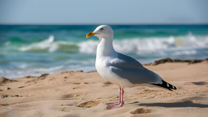 Fototapeta na wymiar Seagull portrait against sea shore. Close up view of white bird seagull sitting by the beach.