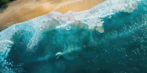 Schilderijen op glas Beach and waves from top view. Turquoise water background from top view. Summer seascape from air. Top view from drone. Travel concept and idea © bagoesanggito