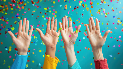 Hands raised in celebration with colorful confetti on a joyful background.