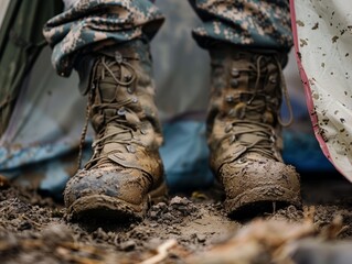 A soldier's boots, caked with mud and resting next to a tent, symbolizing the gritty reality of field operations and the endurance demanded from military personnel