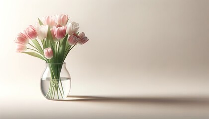 Transparent vase with pink and white tulips on a light background, evoking simplicity and freshness.
