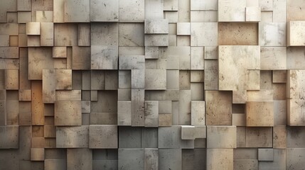 A background composed of geometric shapes resembling bricks or tiles, rendered in a muted color palette.