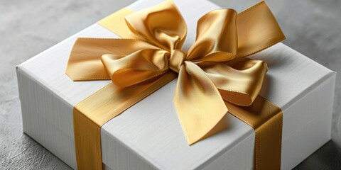 A white gift box with a shiny gold bow, perfect for special occasions