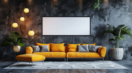 Modern living room interior with yellow sofa, pendant lights, plants, and a blank poster on a dark wall, Generative AI.