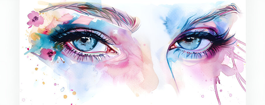 Hand drawn watercolor eyes luxurious eye with perfectly shaped eyebrows and full lashes. Luxurious Hand-Drawn Watercolor Eyes with Perfectly Shaped Eyebrows