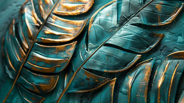 A 3D metal wall sculpture of tropical leaves with a black background

