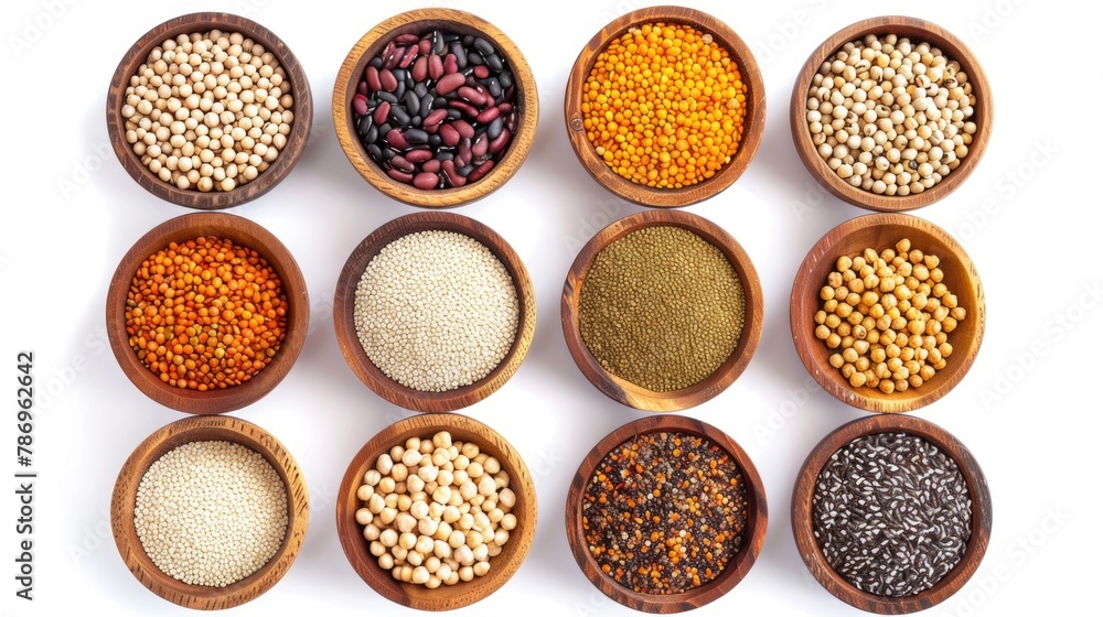 Poster Different types of beans and grains displayed in rustic wooden bowls. Ideal for food and nutrition concepts