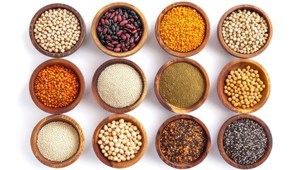 Different types of beans and grains displayed in rustic wooden bowls. Ideal for food and nutrition concepts