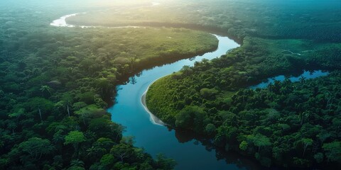 Obraz premium Aerial view of green grass forest with river flowing through the forest in