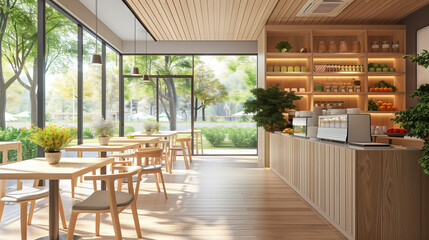 Fototapeta premium Bright and modern cafe interior with large windows and wooden furniture, set against a natural outdoor backdrop. Generative AI