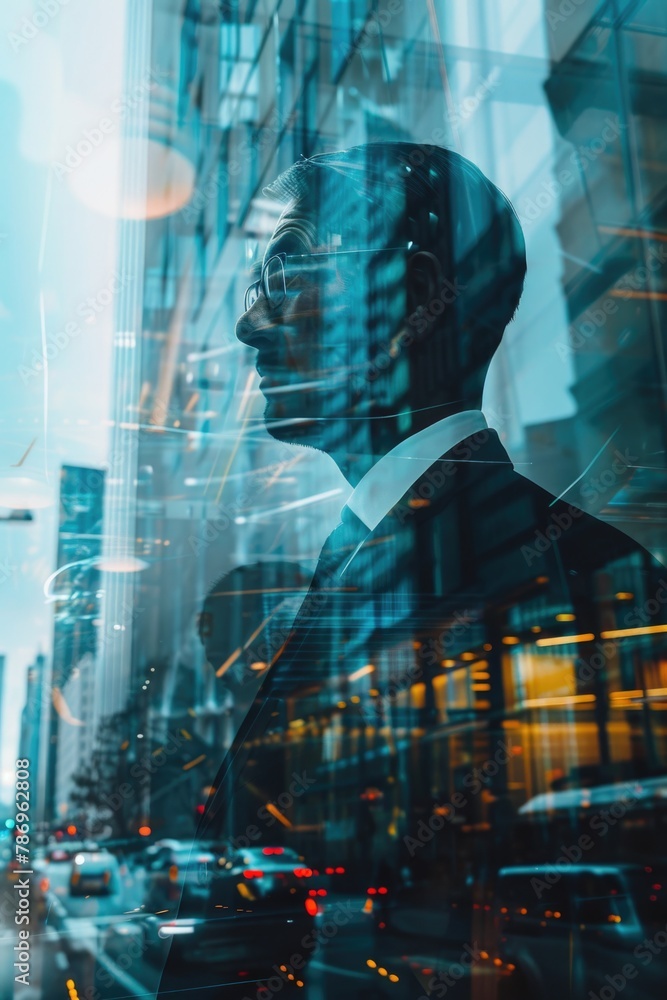 Poster a man in a suit and tie standing by a window. suitable for business concepts