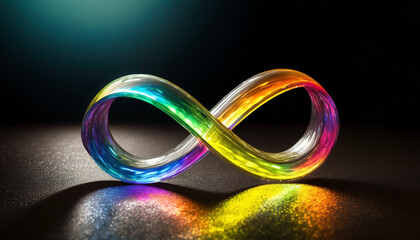 Rainbow-colored infinite symbols made of glass shine in the dark.