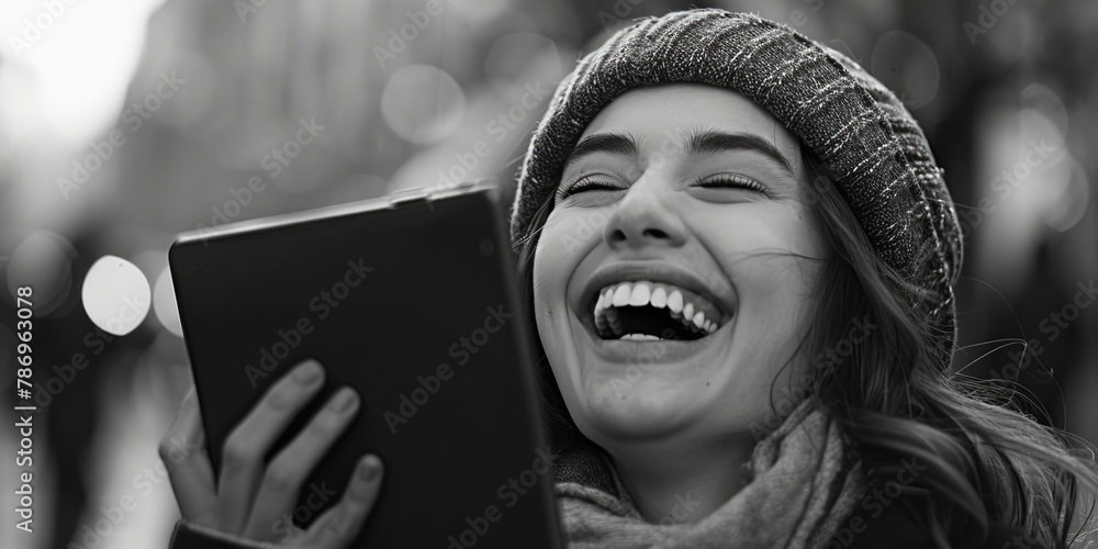 Poster a woman laughing while holding a tablet computer. suitable for technology concepts