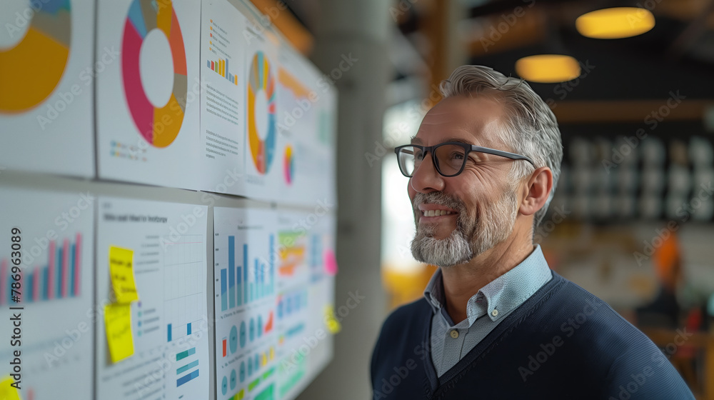 Poster a smiling man analyzing colorful diagrams and sticky notes on a wall, indoor, in a business analysis