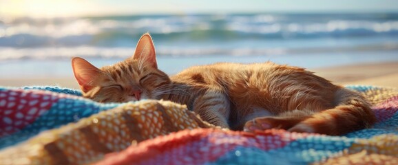 Curled-up naps on a beach towel, basking in the warmth of the sun, professional photography and light , Summer Background - obrazy, fototapety, plakaty
