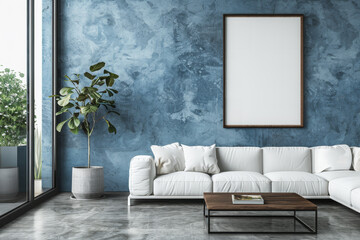 Modern living room interior with white sofa, blank poster frame, plant, and concrete wall, Generative AI.