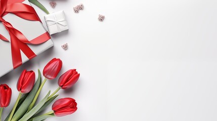 Elegant red tulips and wrapped gift box with a ribbon on a white background - obrazy, fototapety, plakaty