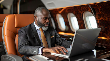 A businessman working on a laptop in a luxury private jet, with a focus on first-class travel comforts. Generative AI