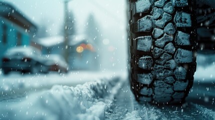 A snow-covered tire on the side of a road, suitable for winter or transportation concepts - obrazy, fototapety, plakaty