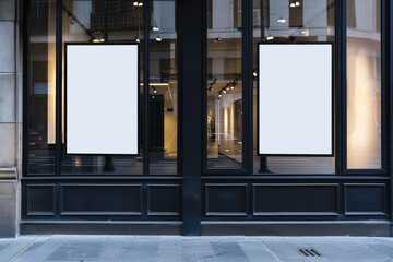 Two blank white posters in black frames on a building exterior, street scene with modern facade,...